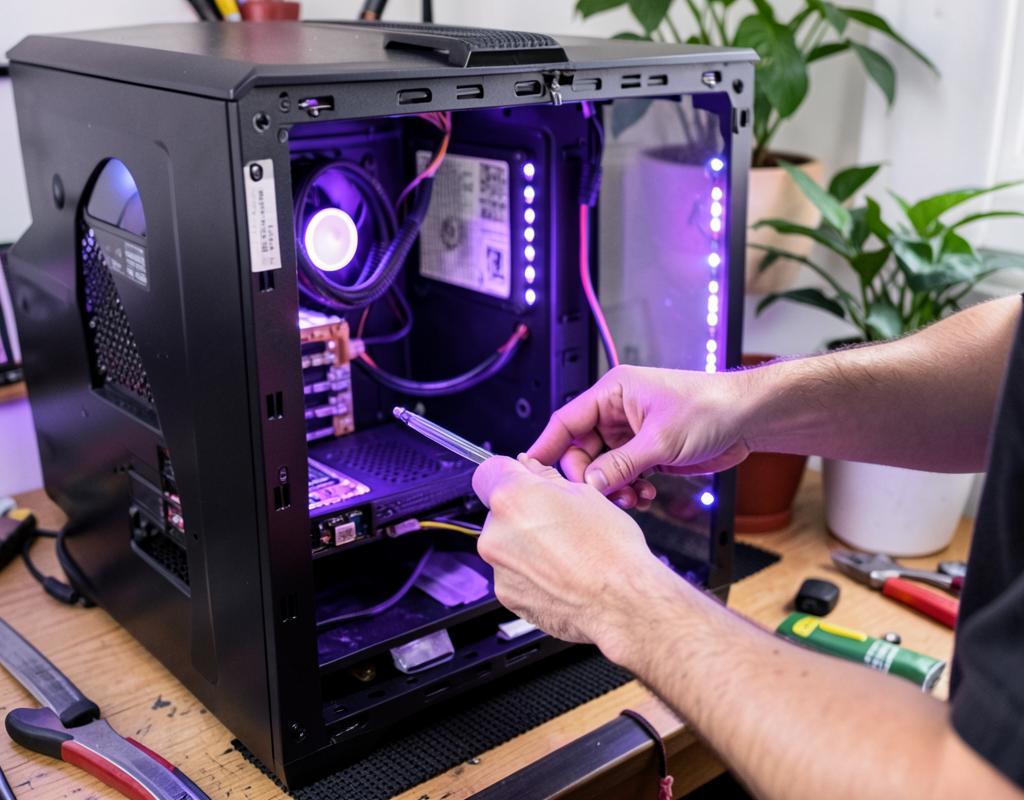 Technicien travaillant sur une tour PC ouverte